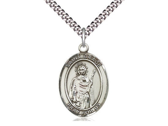 St Grace Sterling Silver Pendant on a 24 inch Light Rhodium Heavy Curb Chain.