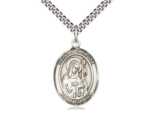 St Gertrude of Nivelles Sterling Silver Pendant on a 24 inch Light Rhodium Heavy Curb Chain.