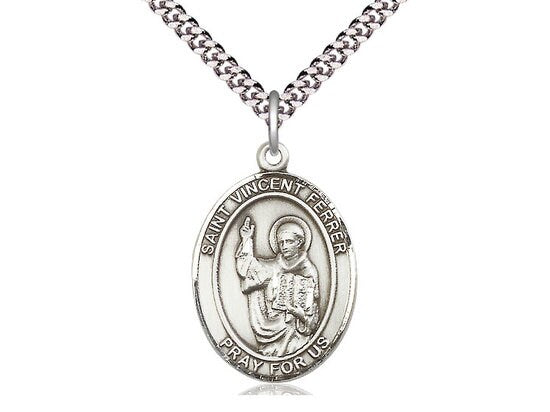 St Vincent Ferrer Sterling Silver Pendant on a 24 inch Light Rhodium Heavy Curb Chain.