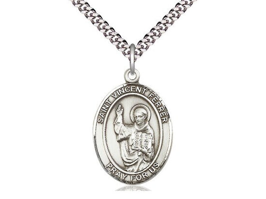 St Vincent Ferrer Sterling Silver Pendant on a 24 inch Light Rhodium Heavy Curb Chain.