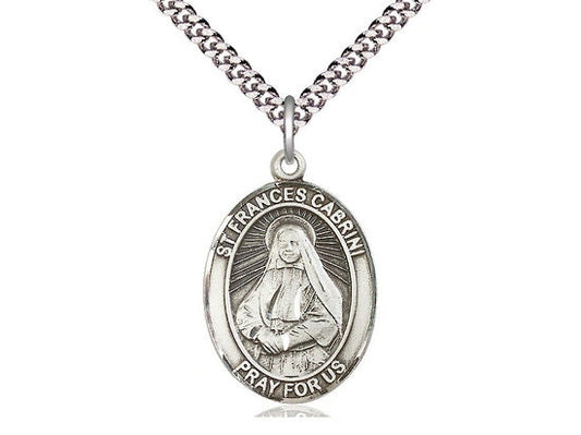 St Frances Cabrini Sterling Silver Pendant on a 24 inch Light Rhodium Heavy Curb Chain.