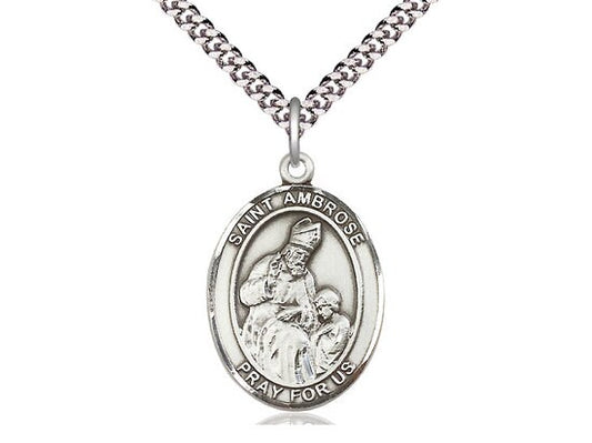 St Ambrose Sterling Silver Pendant on a 24 inch Light Rhodium Heavy Curb Chain.