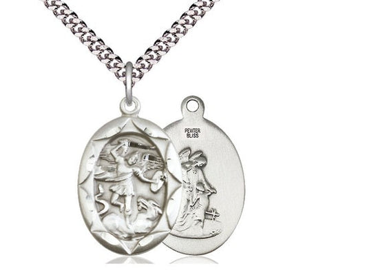 St. Michael the Archangel Sterling Silver Pendant on a 24 inch Light Rhodium Heavy Curb Chain.