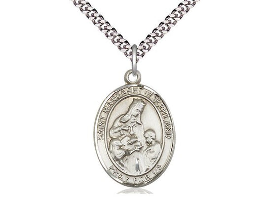 St Margaret of Scotland Sterling Silver Pendant on a 24 inch Light Rhodium Heavy Curb Chain.