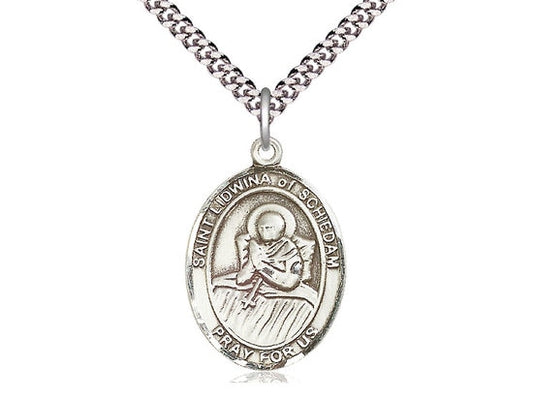 St Lidwina of Schiedam Sterling Silver Pendant on a 24 inch Light Rhodium Heavy Curb Chain.
