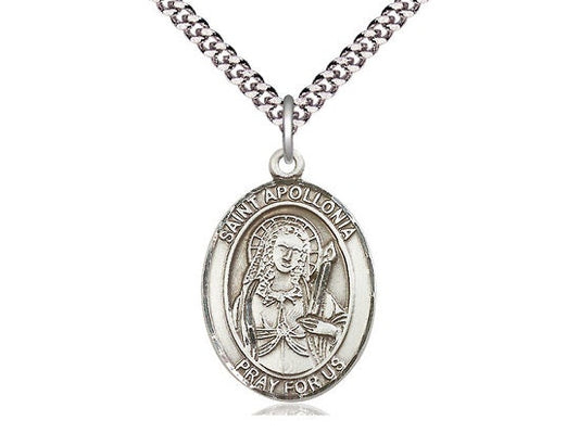 St Apollonia  Sterling Silver Pendant  on a 24 inch Light Rhodium Heavy Curb Chain.