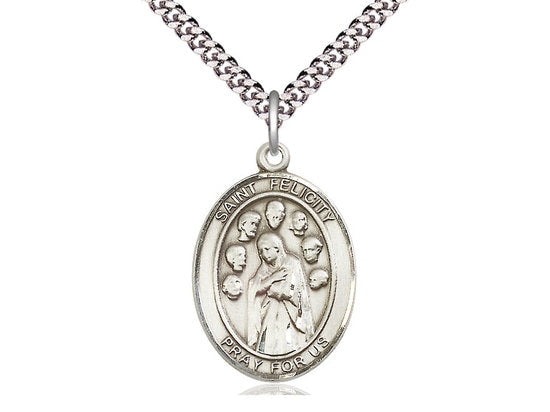 St Felicity Sterling Silver Pendant on a 24 inch Light Rhodium Heavy Curb Chain.