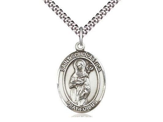 St Scholastica Sterling Silver Pendant on a 24 inch Light Rhodium Heavy Curb Chain.