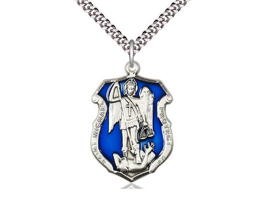 St. Michael the Archangel Shield Sterling Silver Pendant on a 24 inch Light Rhodium Heavy Curb Chain.