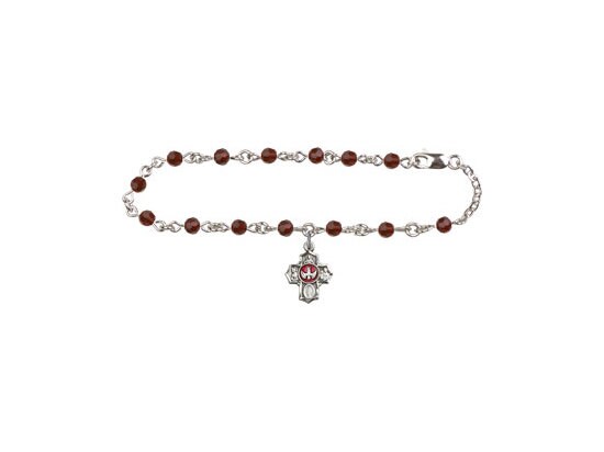 6 1/4 Silver Plate First Communion Bracelet with 4mm Ruby Swarovski Beads and Silver Plate 5-Way Charm.