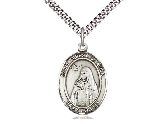St Teresa of Avila Sterling Silver Pendant on a 24 inch Light Rhodium Heavy Curb Chain.