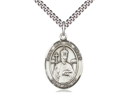 St Leo the Great Sterling Silver Pendant on a 24 inch Light Rhodium Heavy Curb Chain.