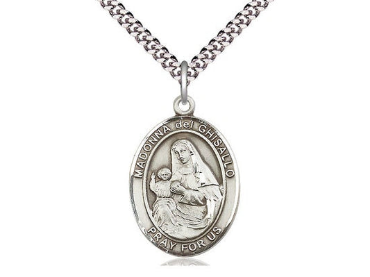 St Madonna Del Ghisallo Sterling Silver on a 24 inch Light Rhodium Heavy Curb Chain.
