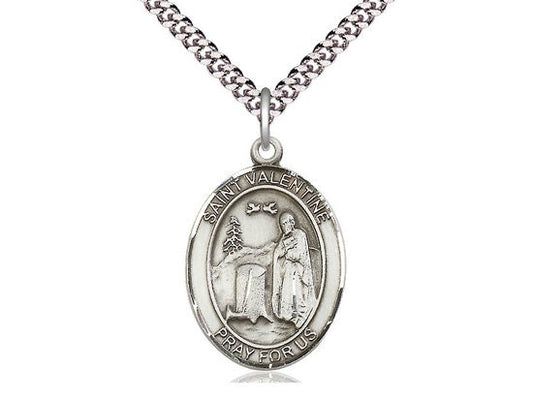 St Valentine of Rome Sterling Silver Pendant on a 24 inch Light Rhodium Heavy Curb Chain.