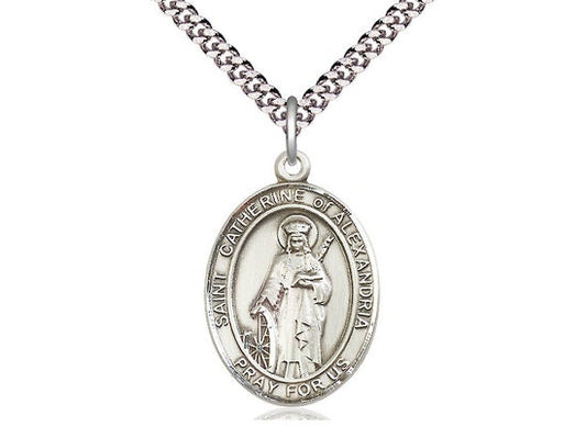 St Catherine of Alexandria Pendant on a 24 inch Light Rhodium Heavy Curb Chain.