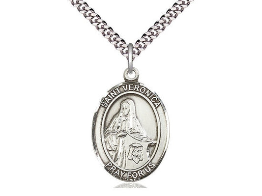 St Veronica Sterling Silver Pendant on a 24 inch Light Rhodium Heavy Curb Chain.
