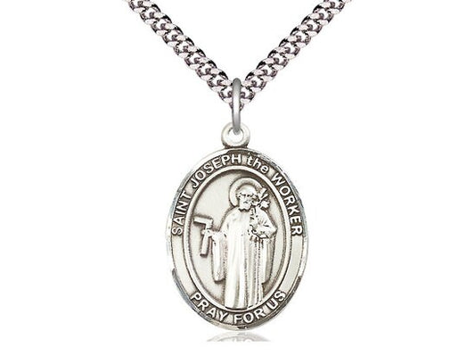 St Joseph the Worker Sterling Silver Pendant on a 24 inch Light Rhodium Heavy Curb Chain.