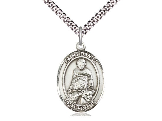 St Daniel Sterling Silver Pendant on a 24 inch Light Rhodium Heavy Curb Chain.