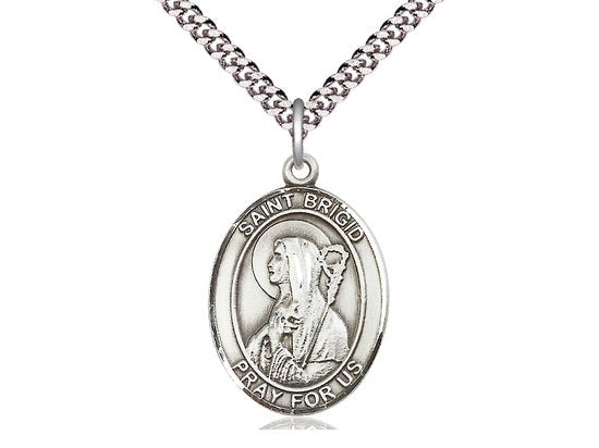 St Brigid of Ireland Sterling Silver Pendant on a 24 inch Light Rhodium Heavy Curb Chain.