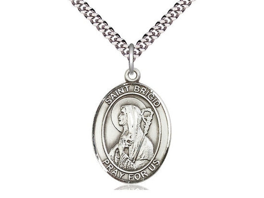St Brigid of Ireland Sterling Silver Pendant on a 24 inch Light Rhodium Heavy Curb Chain.