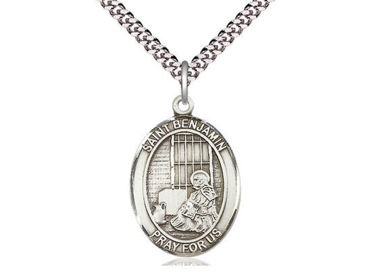 St Benjamin  Sterling Silver Pendant  on a 24 inch Light Rhodium Heavy Curb Chain.