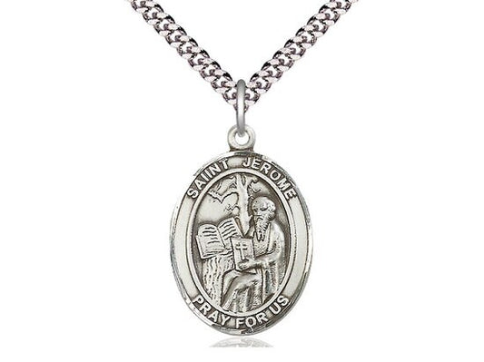 St Jerome Sterling Silver Pendant on a 24 inch Light Rhodium Heavy Curb Chain.