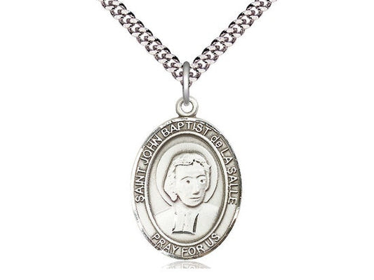 St John Baptist de la Salle Sterling Silver Pendant on a 24 inch Light Rhodium Heavy Curb Chain.