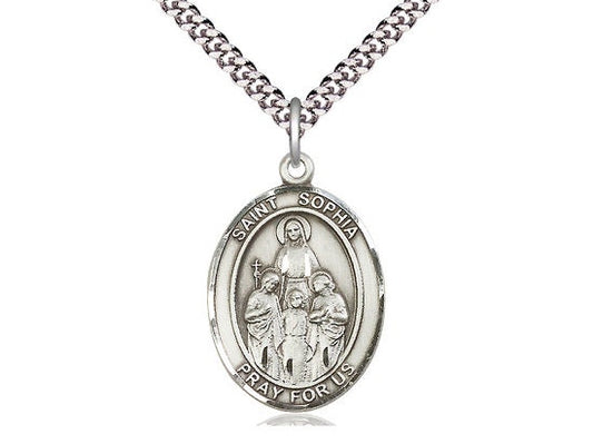 St Sophia Sterling Silver Pendant on a 24 inch Light Rhodium Heavy Curb Chain.