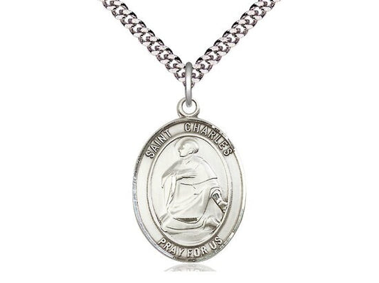 St Charles Borromeo Sterling Silver Pendant on a 24 inch Light Rhodium Heavy Curb Chain.