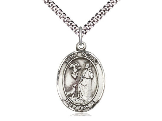 St Rocco Sterling Silver Pendant on a 24 inch Light Rhodium Heavy Curb Chain.