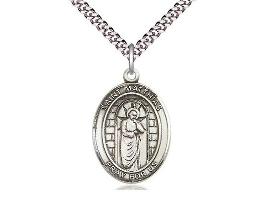 St Matthias the Apostle Sterling Silver Pendant on a 24 inch Light Rhodium Heavy Curb Chain.