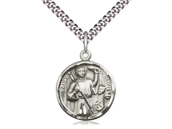 St Genesius of Rome Sterling Silver Pendant on a 24 inch Light Rhodium Heavy Curb Chain.