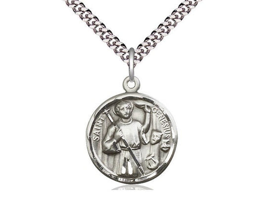 St Genesius of Rome Sterling Silver Pendant on a 24 inch Light Rhodium Heavy Curb Chain.