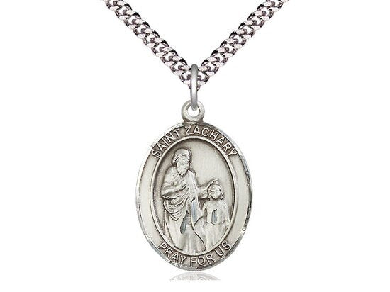 St Zachary Sterling Silver Pendant on a 24 inch Light Rhodium Heavy Curb Chain.