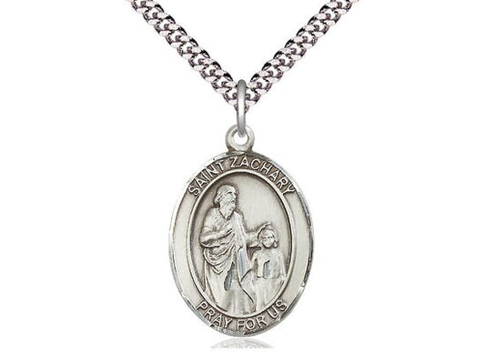 St Zachary Sterling Silver Pendant on a 24 inch Light Rhodium Heavy Curb Chain.