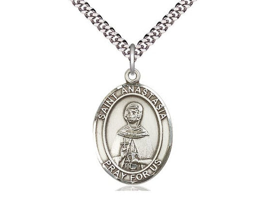 St Anastasia Sterling Silver Pendant on a 24 inch Light Rhodium Heavy Curb Chain.
