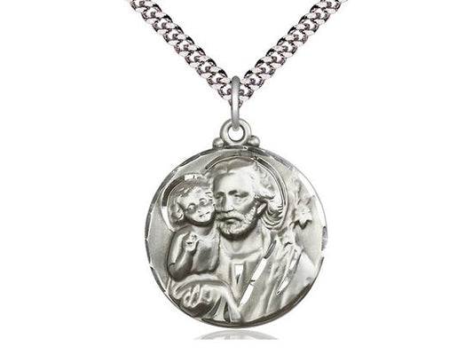 St Joseph Sterling Silver Pendant on a 24 inch Light Rhodium Heavy Curb Chain.