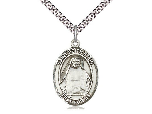 St Edith Stein Sterling Silver Pendant on a 24 inch Light Rhodium Heavy Curb Chain.