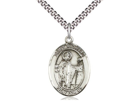 St Richard Sterling Silver Pendant on a 24 inch Light Rhodium Heavy Curb Chain.