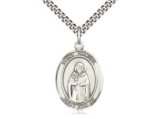 St Samuel Sterling Silver Pendant on a 24 inch Light Rhodium Heavy Curb Chain.