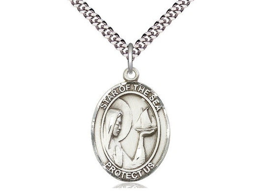 Our Lady Star of the Sea Sterling Silver Pendant on a 24 inch Light Rhodium Heavy Curb Chain.