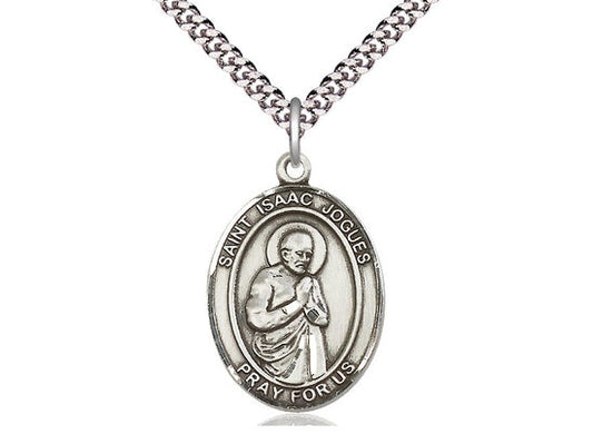 St Isaac Jogues Sterling Silver Pendant on a 24 inch Light Rhodium Heavy Curb Chain.