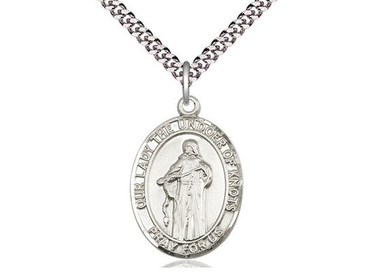 Our Lady of Knots Sterling Silver Pendant on a 24 inch Light Rhodium Heavy Curb Chain.