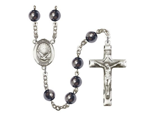 Hand Made Silver PlateRosary with 8mm Hematite Beads featuring a Holy Spirit Center.