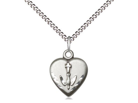 Sterling Silver Heart / Confirmation Pendant on a 18 inch Light Rhodium Light Curb Chain.