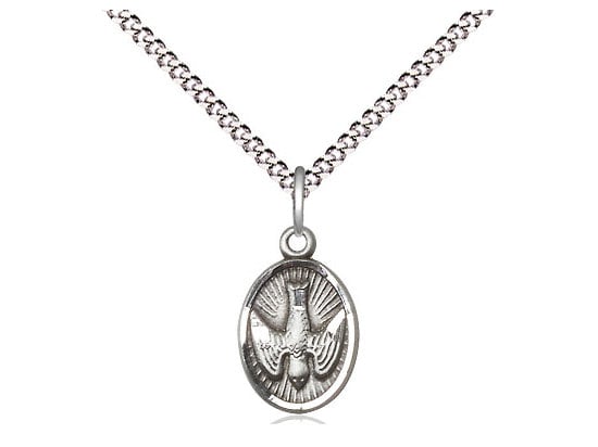 Sterling Silver Holy Spirit Pendant on a 18 inch Light Rhodium Light Curb Chain.