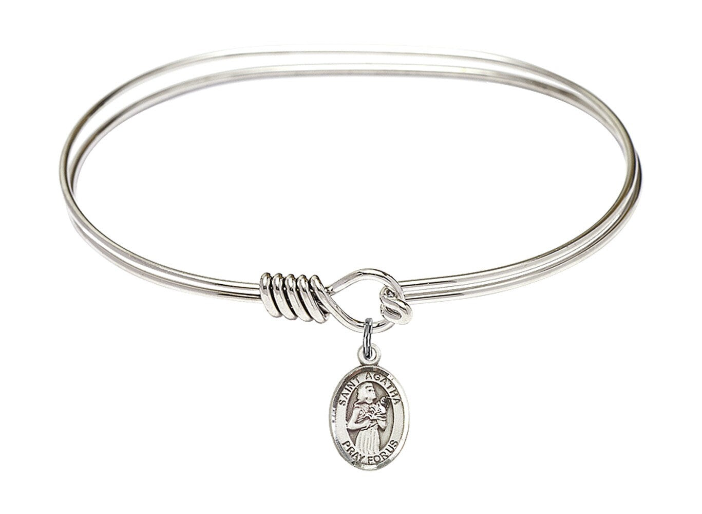 Saint Agatha Sterling Silver Charm on a 7 inch Oval Eye Hook Rhodium Bangle Bracelet