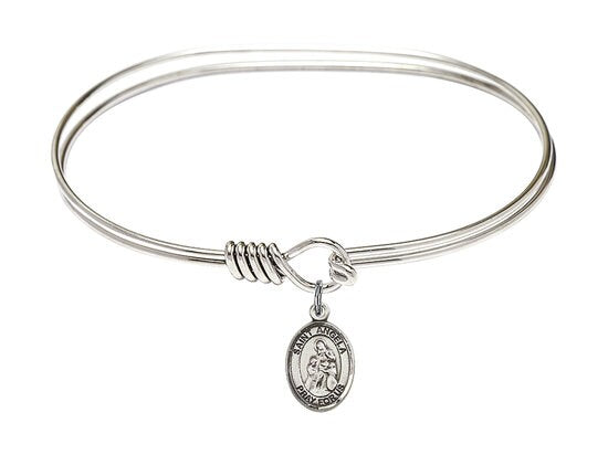 Saint Angela Merici Sterling Silver Charm on a 7 inch Oval Eye Hook Rhodium Bangle Bracelet