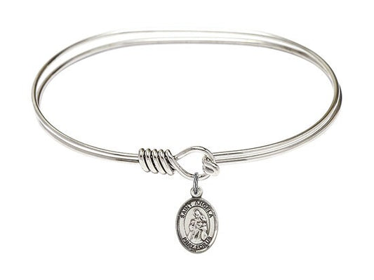 Saint Angela Merici Sterling Silver Charm on a 7 inch Oval Eye Hook Rhodium Bangle Bracelet