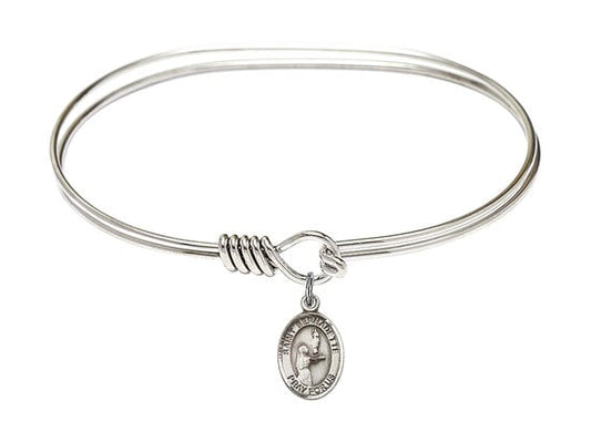 Saint Bernadette Sterling Silver Charm on a 7 inch Oval Eye Hook Rhodium Bangle Bracelet